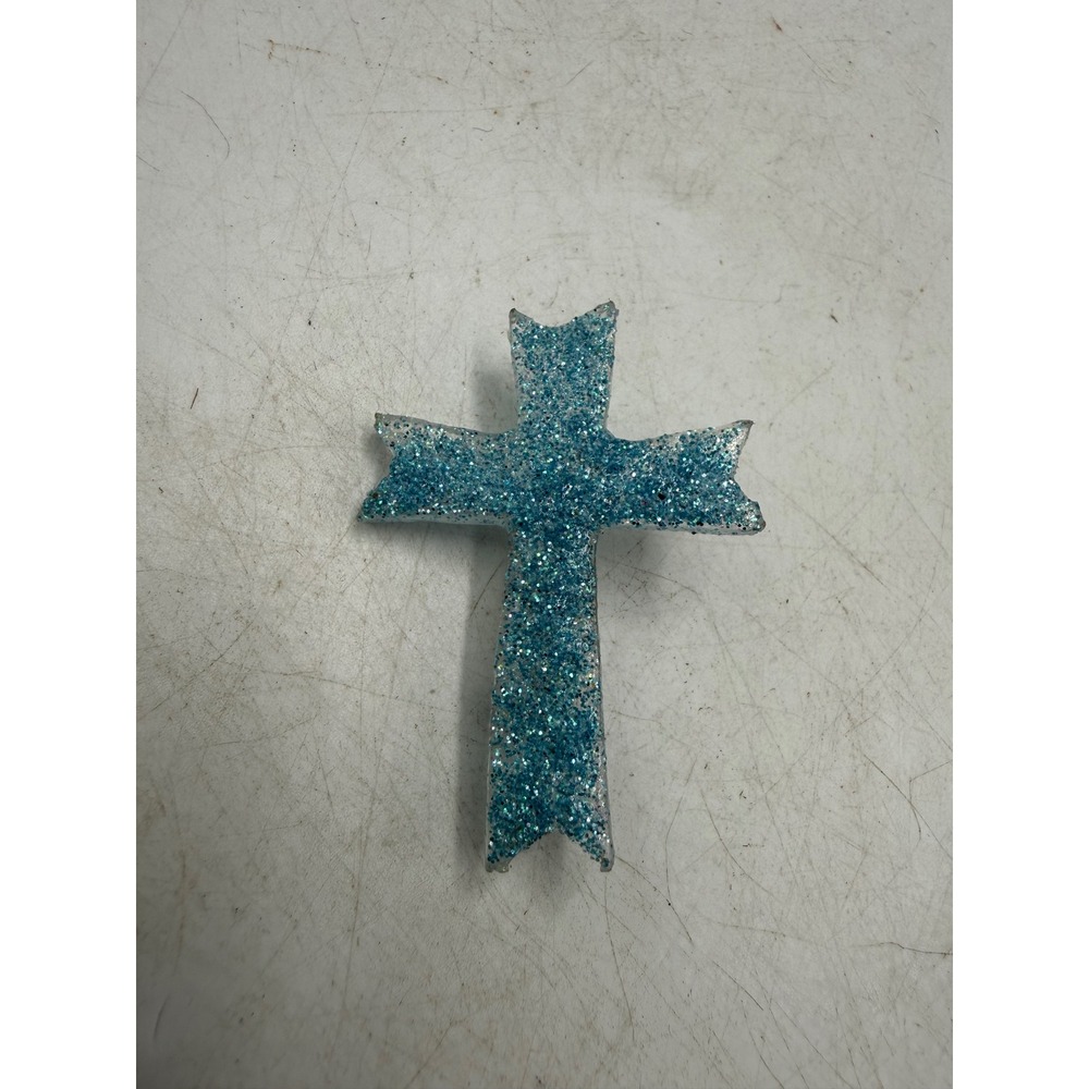 Vintage Blue Glitter Resin Cross Brooch Pin Religious Iridescent Sparkle Custom